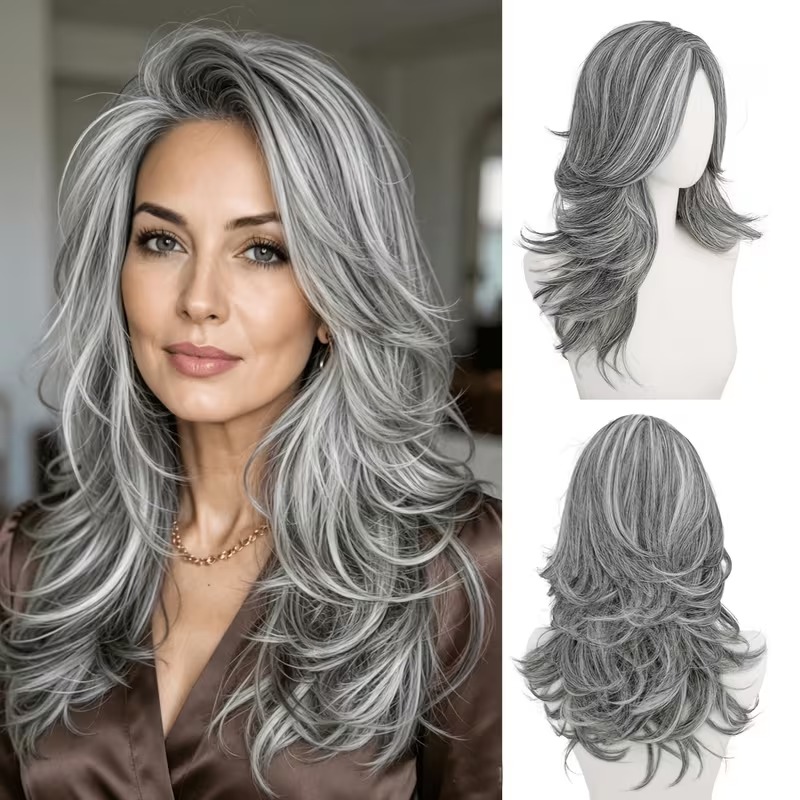 Women’s Wig Long Layered Gray and White