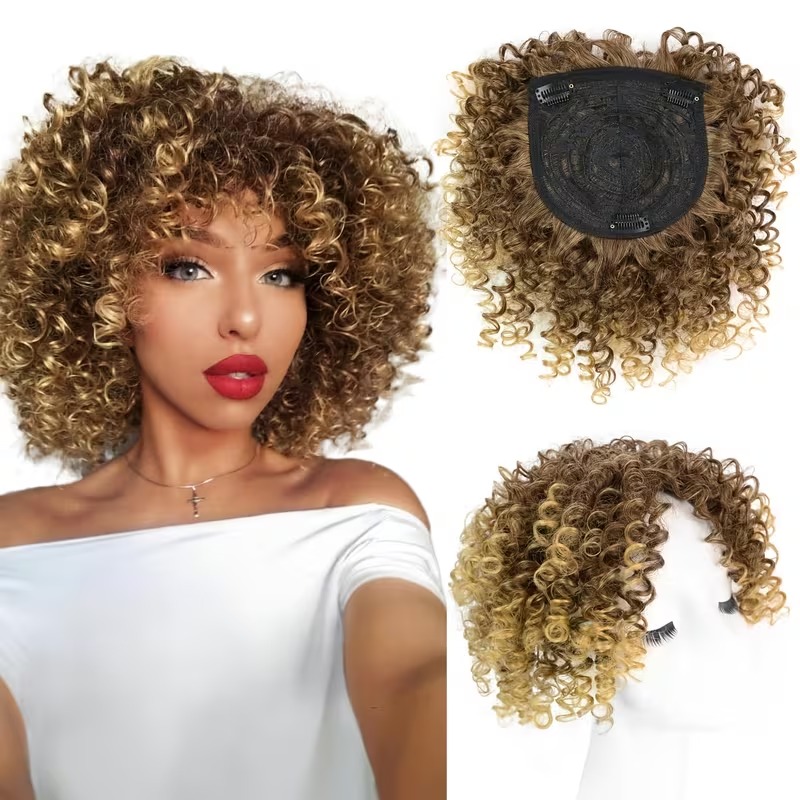 Women’s Toupee Curly Afro Hair Topper with Bangs