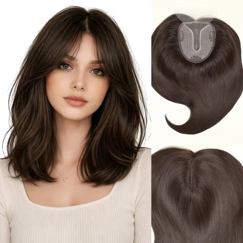 Women’s Toupee Brown Hair Topper with Curtain Bangs